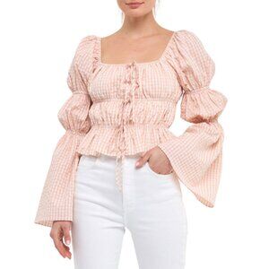 ENGLISH FACTORY Tie Detailed Gingham Shirring Top Long Sleeves Blush Pink Size L